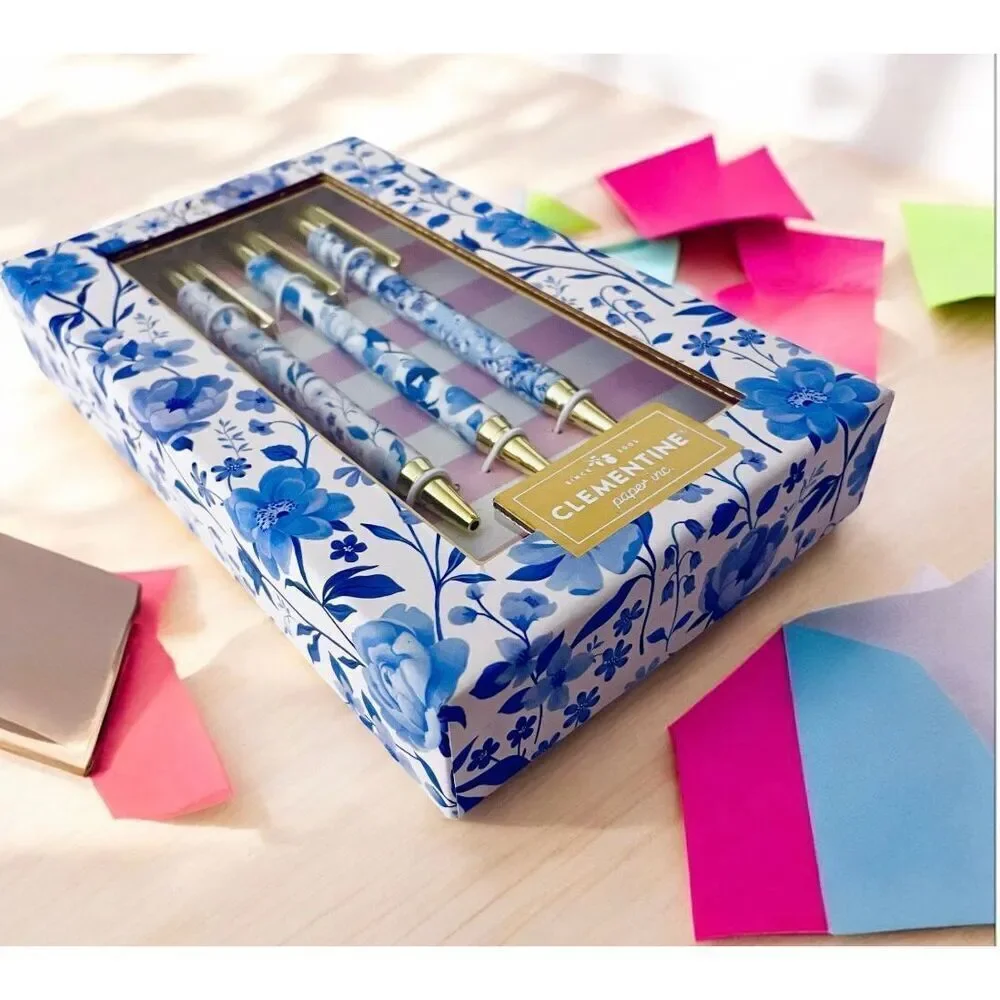NWT Gorgeous Clementine set of 3 Floral Blue & Gold Pens with Black Ink Gift Set